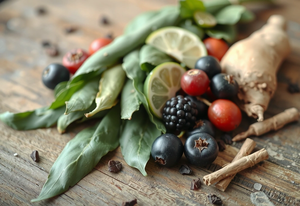 Close-up of ethically sourced ingredients like herbs, berries, and roots
