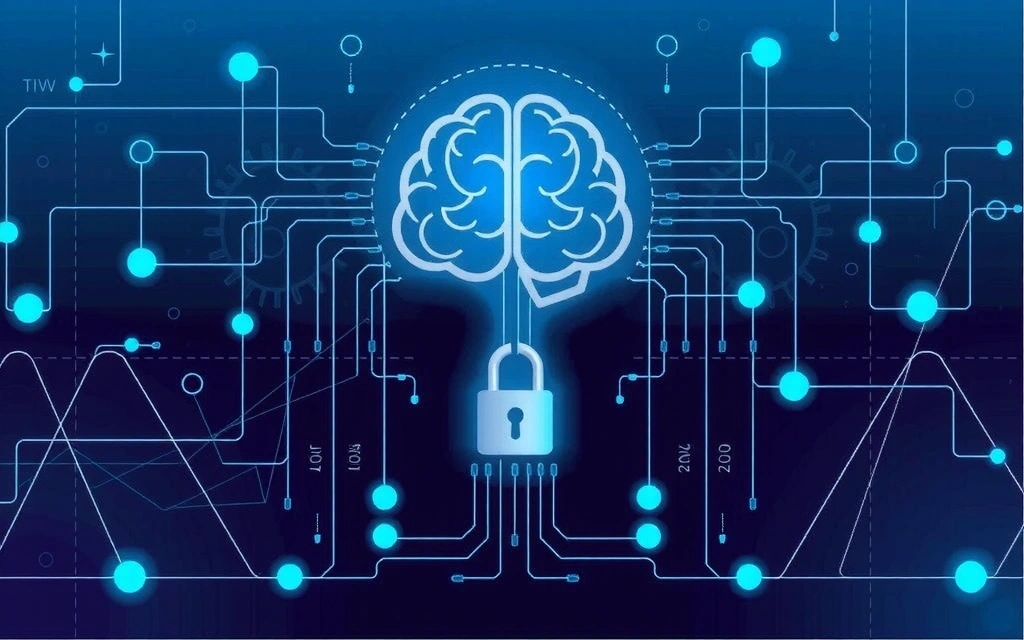 Abstract representation of intellectual property, with a brain icon, gears, and lock symbols, surrounded by digital data streams.